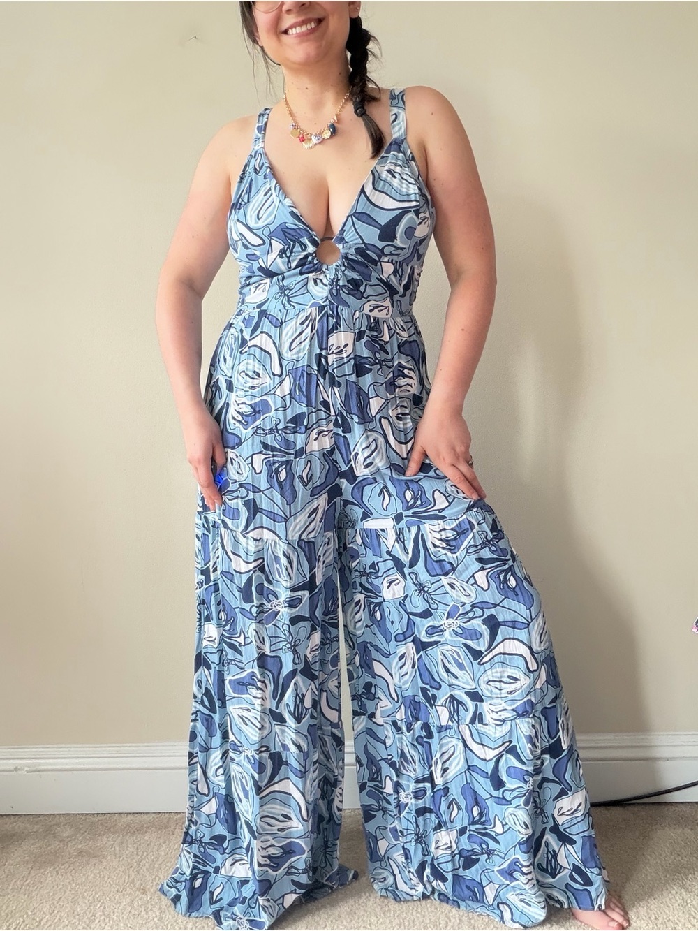 Sincerely Jules Blue Printed Plunge Wide-Leg Jumpsuit